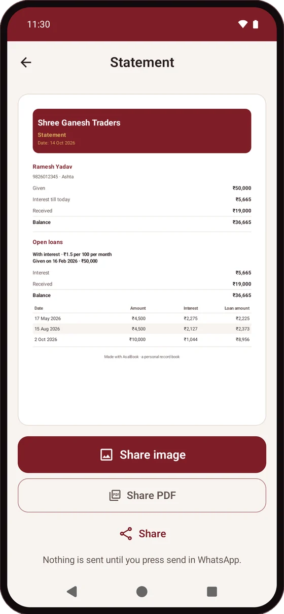 AsalBook screen: statements and receipts on whatsapp